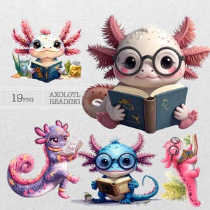 Peut inclure: Plusieurs illustrations numériques d'axolotls de dessins animés lisant des livres. Les axolotls sont de différentes couleurs, notamment rose, bleu et violet, et certains portent des lunettes. Le texte "AXOLOTL READING" est également présent.