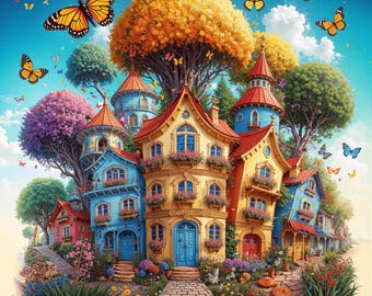 Clipart village fantastique, impressions d'art cottage magique (téléchargement numérique)