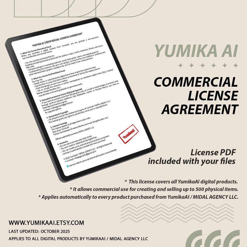Peut inclure: Une tablette num&eacute;rique affichant le contrat de licence commerciale Yumika AI avec des sections sur les utilisations autoris&eacute;es, interdites et le droit d'auteur. Le texte inclut un tampon rouge Yumika AI et la mention License PDF included with your files.