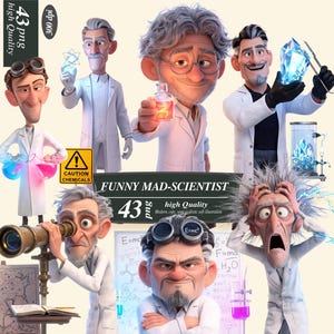 Puede incluir: Una colección de 43 ilustraciones digitales con científicos de dibujos animados en batas blancas. Los personajes interactúan con equipos de laboratorio, incluyendo vasos de precipitados, un telescopio y cristales brillantes. Texto: "FUNNY MAD-SCIENTIST" y "CAUTION CHEMICALS".