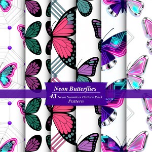 Neon Butterfly Seamless Pattern Pack, Cyberpunk Synthwave Digital Paper (43 Files)
