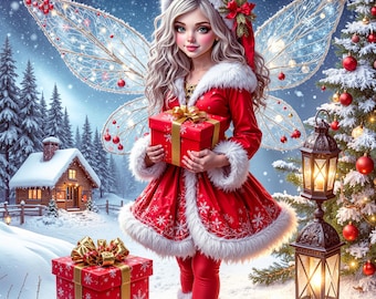 May include: A Christmas-themed illustration of a fairy in a red Santa-style outfit, holding a wrapped gift. The fairy has large, decorated wings and stands in a snowy landscape with a Christmas tree and a lantern. A second gift box is on the ground.
