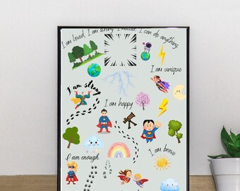 May include: A framed print with a light gray background featuring colorful illustrations and text. The illustrations include superheroes, trees, a rainbow, and a sun. Text includes phrases like "I am loved" and "I am strong."