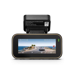 May include: A black 70mai Dash Cam 4K A810 Lite Set with a rectangular screen displaying a coastal road scene with a white car. The device features a top-mounted bracket and a label with technical specifications including model A810LITE-RC21.