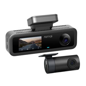 May include: A dark grey 70mai dash cam featuring a rectangular main unit with a built-in screen displaying a road scene, a lens, and a status light, accompanied by a separate cylindrical rear-facing camera unit with a mounting bracket.