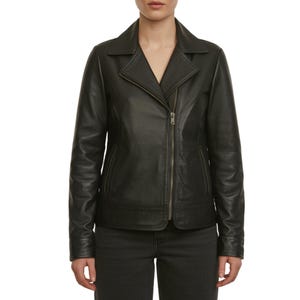 Schwarze Echtlederjacke für Damen - Klassischer Moto Biker Style Mantel - Handgefertigte, weiche Lammfelllederoberbekleidung