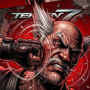 Könnte beinhalten: Eine Illustration im Comic-Stil mit dem Text TEKKEN 7. Eine dunkelhaarige Figur mit einem rot leuchtenden Auge überragt eine glatzköpfige, ältere Figur mit weißem Haar, die ins Gesicht geschlagen wird, wodurch Schweißtropfen umherfliegen.