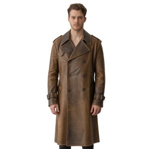 Men's Vintage Brown Leather Trench Coat – Long Double Breasted Distressed Overcoat | Handmade Genuine Cowhide Winter Jacket