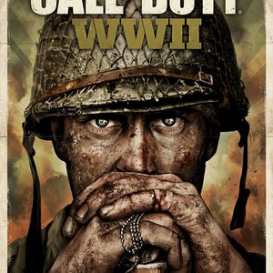 Könnte beinhalten: Ein Call of Duty WWII Plakat mit einem Soldaten, der einen strukturierten Helm mit Netzüberzug trägt. Das Gesicht des Soldaten ist schmutzig und er hält Erkennungsmarken vor den Mund. Der Text lautet CALL OF DUTY WWII und JOIN THE FIGHT!