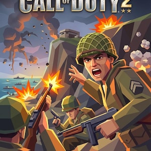 Puede incluir: Una ilustración de portada del videojuego Call of Duty 2 con tres soldados en uniformes verde oliva y cascos durante una batalla. Un soldado grita con una ametralladora, otro apunta con un rifle y un tercero sostiene una pistola junto a un risco.