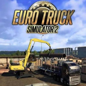 以下が含まれることがあります： ビデオゲーム「Euro Truck Simulator 2」のデジタル画像。青い空の下、工業用地で黄色いショベルカーが大きな金属パイプを灰色のセミトレーラーに積み込んでいる様子と、金色の文字で書かれたゲームタイトルが表示されています。