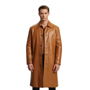 Men's Tan Brown Long Leather Coat – Classic Full-Length Genuine Cowhide Jacket | Handmade Winter Overcoat | Vintage Style Trench