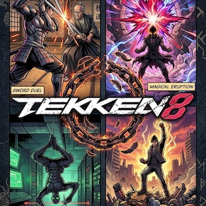 May include: A comic-style poster for the video game Tekken 8 featuring four panels: a sword duel, a magical eruption with a glowing figure, a stealth infiltration scene with a character hanging from the ceiling, and a victory pose amidst rubble.