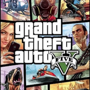 May include: A collage of Grand Theft Auto V game art featuring a helicopter, a person in a gas mask, a motorcycle rider, a woman with a smartphone, a snarling dog, a jet ski rider, a man with a rifle, and a sports car with the title text.