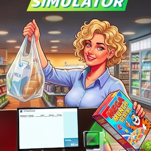 以下が含まれることがあります： 「Supermarket Simulator」というタイトルのデジタルイラスト。牛乳とパンが入ったビニール袋と、Mega Munchシリアルの箱を持つ人物が描かれています。レジのモニターには、合計0.00ドルの空の製品リストが表示されています。