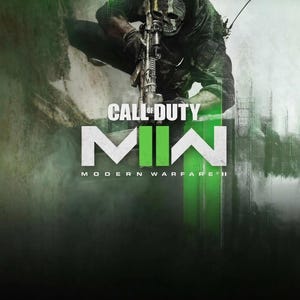 Puede incluir: Un póster promocional de Call of Duty Modern Warfare II que muestra a un soldado con una máscara de calavera y equipo táctico, apuntando con un rifle. El título Call of Duty MW II Modern Warfare II aparece en blanco y verde sobre un fondo oscuro.