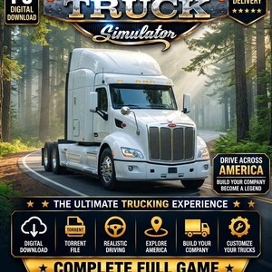 Puede incluir: Una descarga digital para el juego de PC American Truck Simulator con un camión blanco en una carretera forestal. El gráfico incluye texto como Drive Across America, Build Your Company, Become A Legend e iconos de funciones como conducción realista.