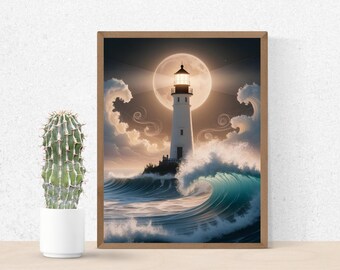 Lighthouse Moonlight Seascape Art Print: Fantasy Coastal Decor (Digital Download)