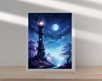 Torre Fantasía Arte Digital, Castillo Místico, Ilustración Gótica, Póster Noche Encantada, Para Amantes de Libros