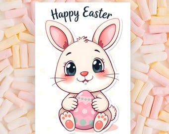 Cute Easter bunny Card Pink Greeting | Kawaii Rabbit Illustration | Baby First Easter Card | Printable (PDF, PNG)