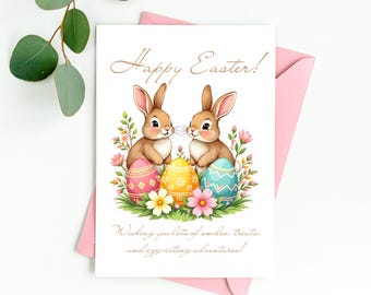 Easter bunnies Card Kids Greeting | Cute Rabbit Illustration | Baby First Easter Card | Printable (PDF, PNG)