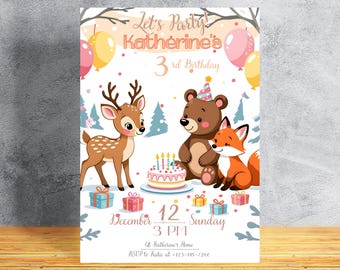 Kawaii Birthday Invitation: Forest Friends Party A5 (editable, customizable, printable) Canva