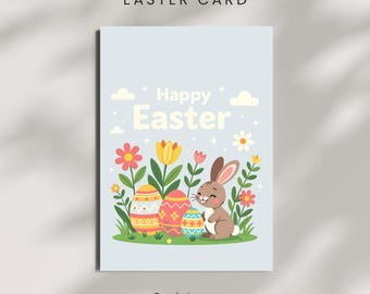 Blue Easter bunny Card Kids Greeting | Cute Rabbit Illustration | Baby First Easter Card | Printable (PDF, PNG)