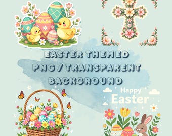 Easter Clipart PNG Bundle | Cute Bunny Chick Eggs Floral Wreath | Spring Easter Graphics | Kids Easter Design | 21 PNG| Transparent