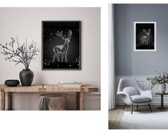 Geometric Stag Print: Mystical Deer, Night Sky Galaxy (Digital Download)