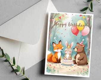 Woodland Animals Birthday Card: Forest Friends Party (PDF, PNG)
