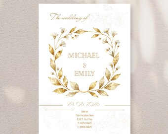 Luxury Gold Wedding Invitation Suite Template | Elegant Botanical Wedding Set | Editable Invitation RSVP Save the Date Thank You Card