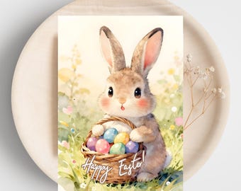 Watercolor Easter bunny Card Pastel Spring Greeting | Kawaii Rabbit Illustration | Printable (PDF, PNG)