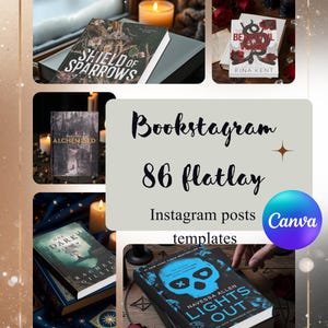 May include: A collection of books with diverse covers, including "SHIELD OF SPARROWS" and "LIGHTS OUT." The image also includes the text "Bookstagram 86 flatlay Instagram posts templates Canva."