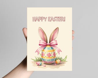 ribbon bunny eggs Easter Spring Greeting Card | Kawaii Illustration | Printable (PDF, PNG)