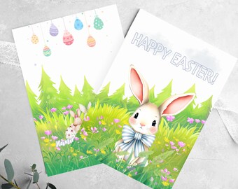 Easter bunny Card Spring Greeting | Kawaii Rabbit Illustration | Baby First Easter Card | Printable (PDF, PNG)