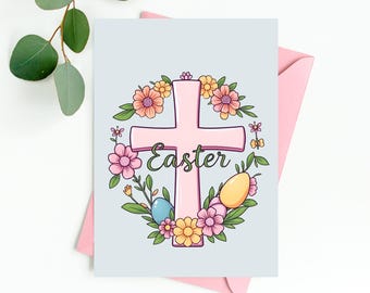 Easter Cross Printable Card | Christian Easter Card | Floral Cross Greeting Card | Religious Easter Card | Instant Download