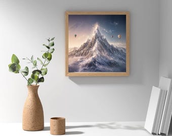 Magical Mountain Print: Winter Hot Air Balloons, Fantasy Landscape (Digital Download)