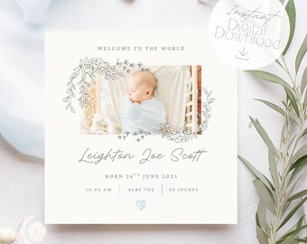 Birth Announcement Photo Card, Editable Card Printable, Welcome to the World Baby Boy, Birth Stats Blue Floral, Instant DIGITAL DOWNLOAD