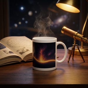 May include: A white ceramic mug featuring a vibrant graphic of a glowing orange nebula and deep space stars against a dark background, with visible steam rising from the top, positioned on a wooden surface next to an open book and a brass telescope.