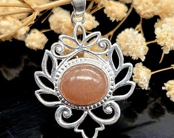 Peach Moonstone Sterling Silver Pendant, Elegant Gemstone Handmade Jewelry