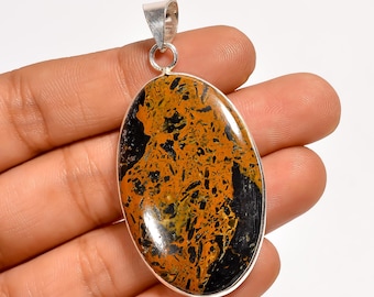 Natural German Mariam Jasper Pendant 2.2" – Sterling Silver Boho Statement Jewelry