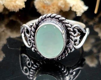 Aqua Chalcedony Sterling Silver Ring, Handmade Vintage Style Gemstone Jewelry