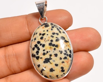 Natural Dalmatian Jasper Gemstone Pendant – Sterling Silver Boho Statement Jewelry (1.7")