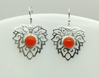 Natural Carnelian Sterling Silver Dangle Earrings, Boho Artisan Jewelry (1.93 Inches)