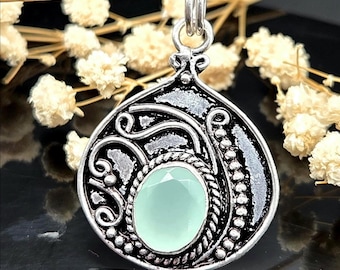 Handmade Aqua Chalcedony Pendant, Vintage Style Sterling Silver Gemstone Jewelry
