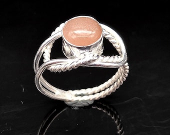 Handmade Peach Moonstone Ring, 925 Sterling Silver, June Birthstone Jewelry