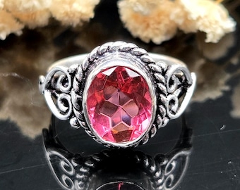 Pink Tourmaline Sterling Silver Ring, Vintage Style Gemstone Jewelry, October Birthstone