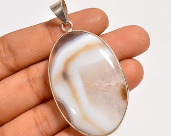 Natural White Botswana Agate Pendant – Sterling Silver Statement Jewelry Large Gemstone Pendant