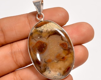 Natural Garnet In Limestone Pendant 2.2" – Sterling Silver Boho Statement Jewelry