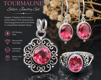 Handmade Pink Tourmaline Sterling Silver Ring Pendant Earrings Set